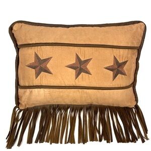 Western Star Throw Pillow Cover Faux Suede Leather Fringe Tan Brown 19x13.5